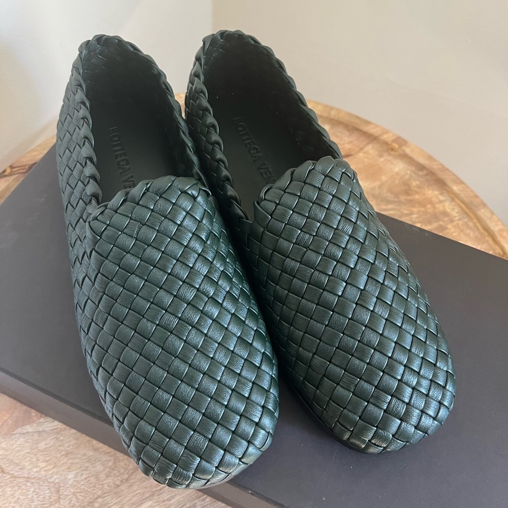 Bottega Veneta Intrecciato Pine Green Loafers